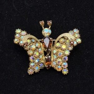 Vintage WEISS Butterfly Brooch Pin Rhinestone Iridescent Crystal Gold Tone